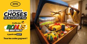 Visuel de la campagne MTN Bonus Imbattables présentant les lots à gagner, dont un voyage pour vivre le Mondial sur place, des smartphones, ordinateurs portables et cadeaux connectés