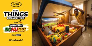 MTN Unbeatable Bonuses campaign showing travel rewards, smartphones, laptop, Smart TV and a trip to experience the World Cup live